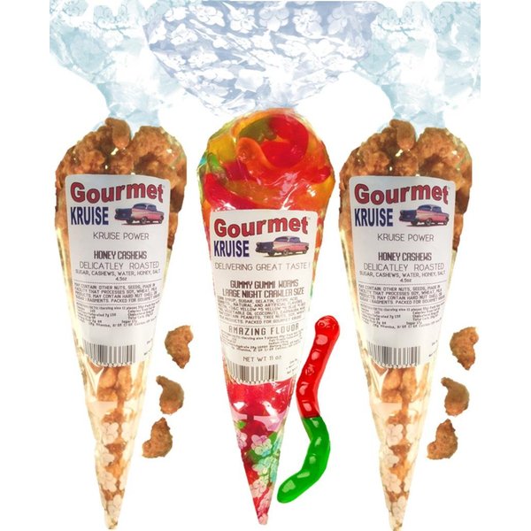 Cashews (2) Honey Salted Roasted Delicately (1) Worms Wild Fruit Assorted (NET WT 20 OZ) Gourmet Kruise Signature Gift Bags