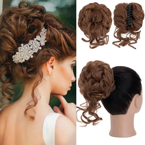 S-noilite Claw Clip Messy Bun Hair Pieces Updo Fake Hair Bun with Claw Clip Curly Wavy Hair Bun Ponytail Extensions Claw Clip in Hair Bun Hairpieces Scrunchie for Women(30#)