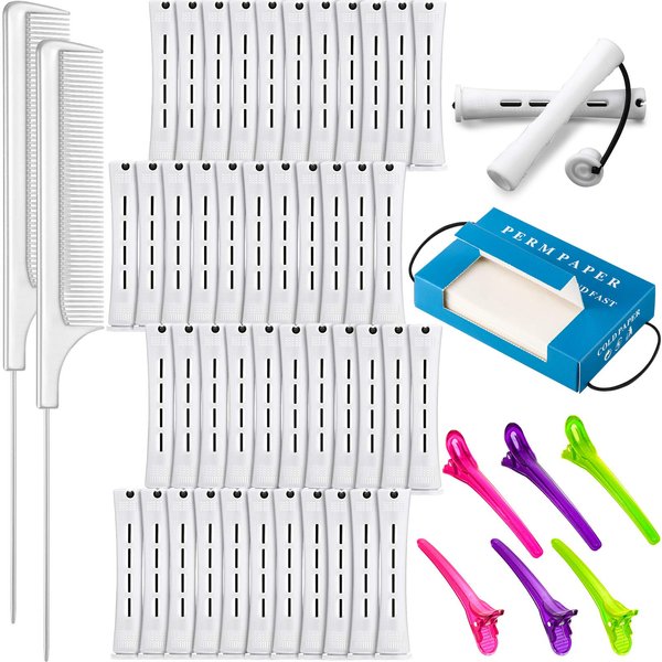 WILLBOND Hair Styling Kit: 48 Plastic Wave Rods, 2 Steel Pintail Combs, 350 Perm Papers, 6 Duck Bill Clips (White)
