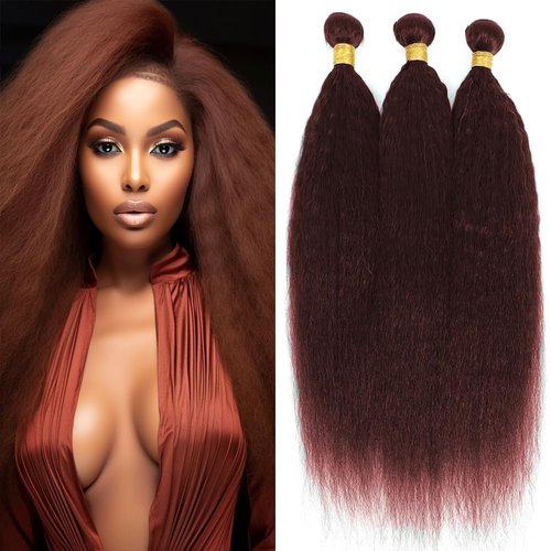 Reddish Brown Yaki Straight Bundles Color #33 Human Hair Bundles Red Brown Kinky Straight Hair Double Weft Brazilian Remy Hair Extensions Soft and Silky for Black Women (24 26 28 Inch 3 Bundles)