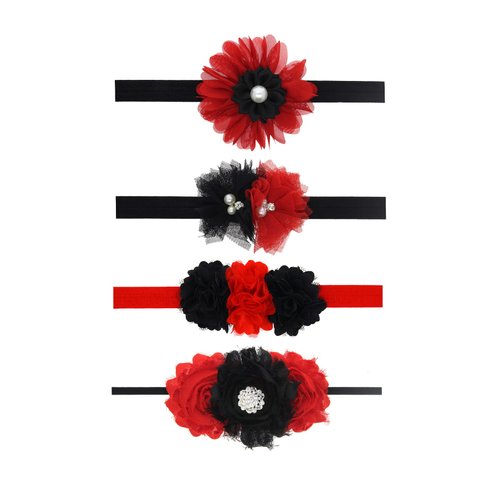 Black Red Flower Headband for Baby Girls Black Flower Red Hair Band Headdress JBC17 (4 Pcs-Set)