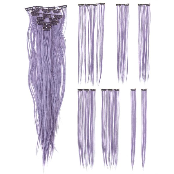 SWACC 7 Pcs Full Head Party Highlights Clip on in Hair Extensions Colored Hair Streak Synthetic Hairpieces (22-Inch Straight, Lavender)