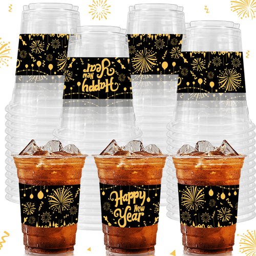 50 Count 2025 Happy New Years Party Cups, 12 oz New Years Eve Disposable Clear Plastic Party Cups for New Years Eve Drinkware Beverage Ice Cream Snacks Party Supplies