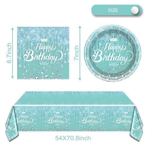 Teal and Silver Tableware set, Blue Happy Birthday Theme 20 Plates and 20 Napkins and Tablecloths 71 '' x 42 '' for Girls Women Silver Glitter Birthday Party Supplies