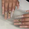 Hkanlre Marble Press on Nails French Long Brown Fake Coffin Nails Ballerina Tips Full Cover Luxury False Rhinestones Nails for Women and Girls 24PCS