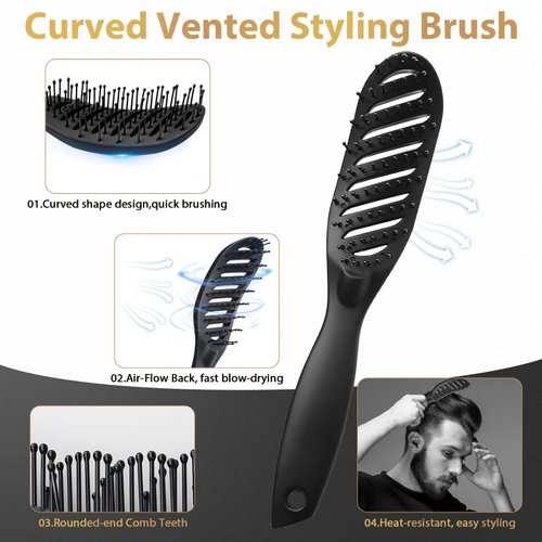 DUAIU 7Pcs Men's Hair Styling Set: Vent Brush, Round Brush, Wide-tooth Comb, Texture Comb for Blow Drying, Detangling, Grooming, and Hairdressing