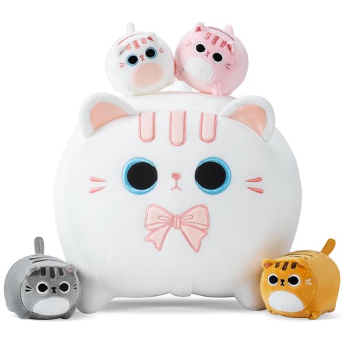 White Cat Plush, 5 PCS Cat Plush Stuffed Animal Family, 16&quot; White Cat Mommy White Cat with 4 Baby...