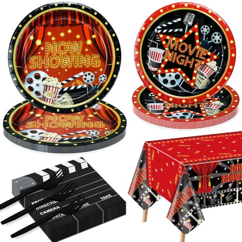 Movie Night Party Supplies for 20 Guests, Disposable Tableware Set Include Now Showing Plates, Movie Night Plates, Napkins, Tablecloth for Movie Night Party Decorations Red Carpet Birthday Party Decor