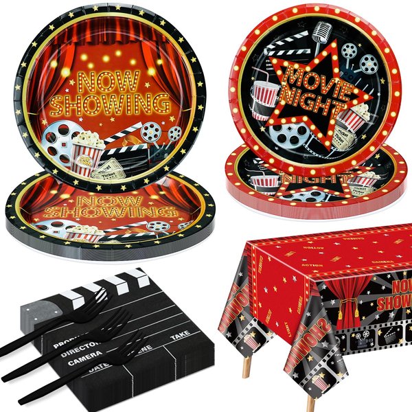Movie Night Party Supplies for 20 Guests, Disposable Tableware Set Include Now Showing Plates, Movie Night Plates, Napkins, Tablecloth for Movie Night Party Decorations Red Carpet Birthday Party Decor