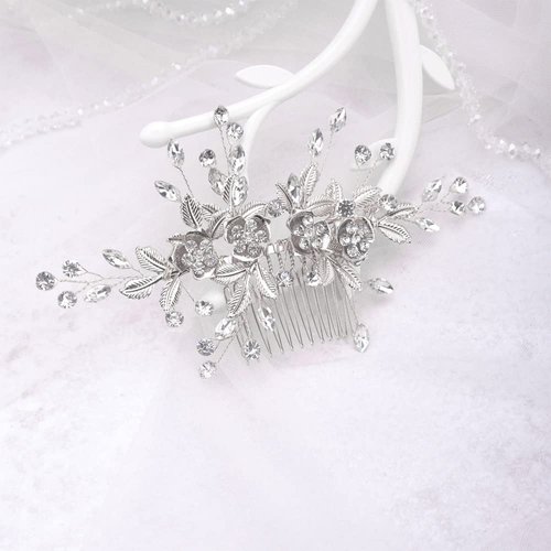 Jumwrit Wedding Flower Hair Comb Rhinestone Hair Comb with Leaves Bridal Hair Accessories Headpiece for Women Wedding（Silver）