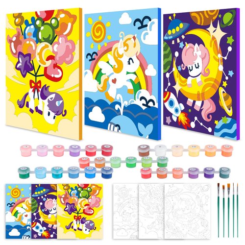 Wings Giant Unicorn Paint by Numbers Kit for Kids and Adults, 3 Pack Framed Canvas Painting Kit with Hooks, Arts and Crafts Unicorn Gift for Girls Birthday, Art Supplies Girls Ages 8-12