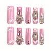 Long Square Press on Nails RTKHFZE French Fake Nails with Rhinestones Designs Artificial Nails Flower and Butterfly Press on Nails Pink Full Cover Acrylic Nails Stick on Nails for Women Manicure