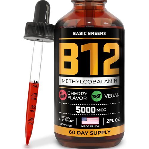 BASIC GREENS Vitamin B12 Sublingual (Vegan) 2 Fl Oz - Methylcobalamin B12 Vitamins 5000 mcg, B12 ...
