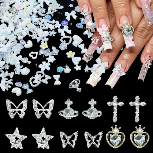 100Pcs Alloy Nail Gems Charms Planet Heart Butterfly Star Cross Nail Charms with Rhinestones Gems White 3D Assorted Flower Bow Nail Art Charms for Nail Art DIY Manicure Jewel Accessories