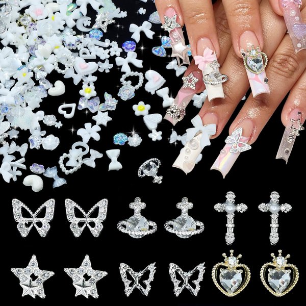 100Pcs Alloy Nail Gems Charms Planet Heart Butterfly Star Cross Nail Charms with Rhinestones Gems White 3D Assorted Flower Bow Nail Art Charms for Nail Art DIY Manicure Jewel Accessories