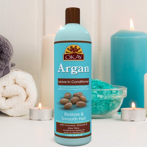 Okay Restorative Argan Leave In Conditioner Helps Restore,Hydrate and Smooth Hair Sulfate,Silicone,Paraben Free For All Hair Types and Textures Made in USA 33oz (Okay-ARGANLC33)