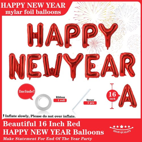 16 Inch Red Happy New Year Letter Balloons, Big 2025 Happy New Year Letter Balloons Foil Red Balloons for 2025 Happy New Year Eve Celebration Decorations Party Supplies New Years 2025 Balloons Red