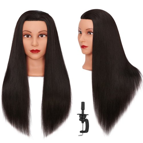 Headlima Cosmetology Mannequin Head Manikin Training Head 26-28'' Synthetic Fiber Hair Styling Practice Doll Head Hairdresser with Clamp Stand (Black)