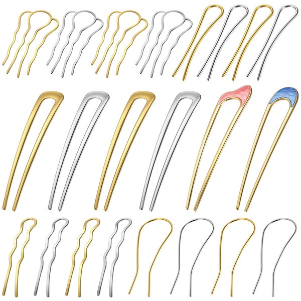Ysleen 22 Pieces Metal U Shaped Hairpin Hair Fork Barrettes Bun Updo Hair Stick French Hair Pin Gold Silver Chignon Pin Hair Bun Accessories DIY Handmade Hair Clips for Women Girls Ladies, 6 Styles