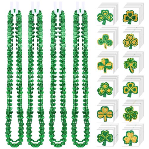 144 Pcs St. Patrick's Day Shamrock Bead Necklace with Temporary Tattoo Stickers Bulk 33 Inches Green Clover Bead Necklace Glitter Shamrock Tattoo Stickers St. Patrick's Irish Party Accessories
