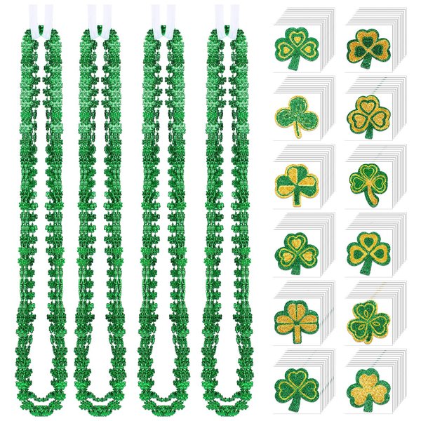 144 Pcs St. Patrick's Day Shamrock Bead Necklace with Temporary Tattoo Stickers Bulk 33 Inches Green Clover Bead Necklace Glitter Shamrock Tattoo Stickers St. Patrick's Irish Party Accessories