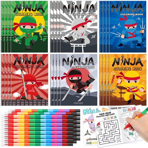 Motipuns 24 Ninja Coloring Book with 24 Stacking Crayons for Kid Mini Drawing Book Bulk Party Favor for Valentine's Day Party Supplies Goodie Bag Stuffer Carnival Prize Classroom Gift