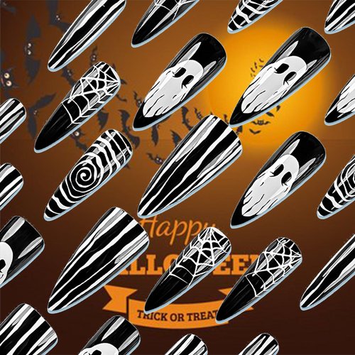 Ghost Face Press on Nails Gel Glue on Nails 24Pcs Glossy White Spider Web Acrylic Long Stiletto Halloween False Nails Whirlpool Full Cover Fake Nails Stick on Nails for Women Girls with Halloween