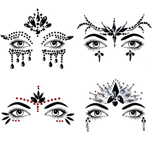 Bowitzki Halloween Face Jewels Festival Design Women Mermaid Face Gems Rhinestone Crystals Stickers Eyes Body Temporary Tattoos (Black-B)
