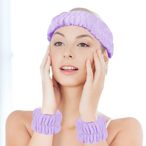 AEGYPIUS Face Wash Headband And Wristband Set, 3 Pcs Headband for Washing Face Wash Wristbands, Spa Headband And Wristband Set Headband And Wristband Set for Face Washing Purple Face Wash Wristbands