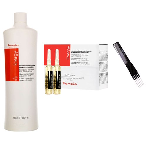 Sleekshop FanoIa ENERGY Shampoo & Energizing Prevention Set for Hair Loss, Weak or Limp Hair (w/ Premium Carbon Teasing Comb) (33.8 oz Shampoo + 12 Lotion Vials)