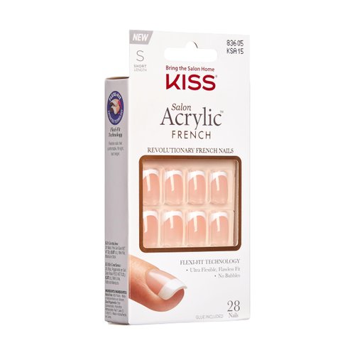 KISS Salon Acrylic Press On Nails, Nail glue included, 'Bonjour', Nude/White, Short Size, Squoval Shape, Includes 28 Nails, 2g Glue, 1 Manicure Stick, 1 Mini File
