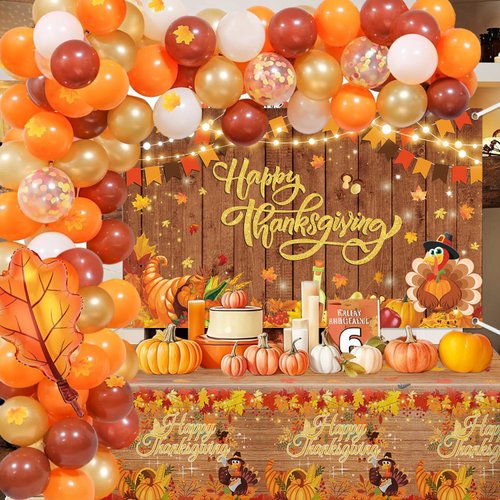MEHOFOND Happy Thanksgiving Party Decorations, Thanksgiving Harvest Balloons Garland Arch Kit, Fall Rustic Maples Wood Banner Tablecloth Happy Thanksgiving Day Fiesta Fall Pumpkin Themed Decor