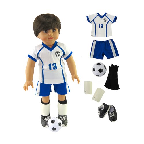 American Fashion World Blue and White Soccer Uniform for 18-Inch Dolls | Accessories Included | Premium Quality & Trendy Design | Dolls Clothes | Outfit Fashions for Dolls for Popular Brands