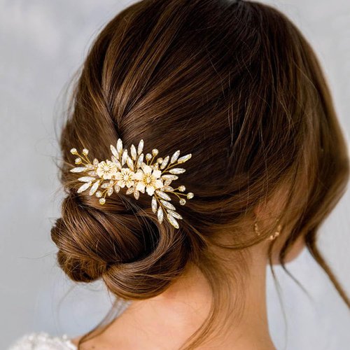 YBSHIN Bride Wedding Flower Hair Comb Gold Rhinestone Hair Piece Crystal Bridal Hair Accessories for Women