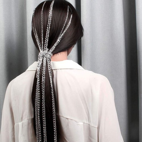 Campsis Punk Tassel Hair Clips Multistrand Chain With Clips Ponytail Multi Strand Head Chain Decorated Hair Extension Chain Festival Nightclub Party Hair Chain for Women and Girls (C-silver)