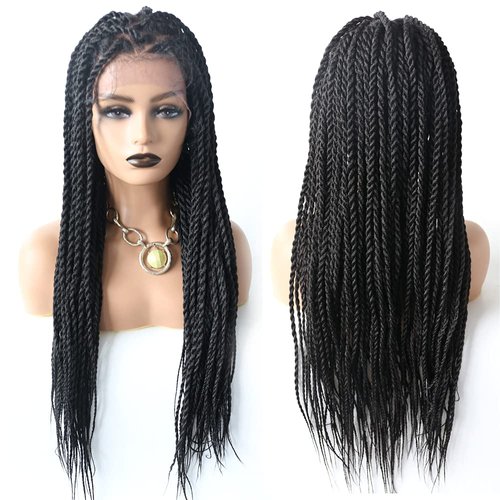 31" Handmade Twist Braids Swiss Lace Front Wigs with Baby Hair for Black Women Natural Looking Premium Quality Kanekalon Synthetic Lightweight Box Braided Wig (LL603663A-31 Inch, #1B Black Color)