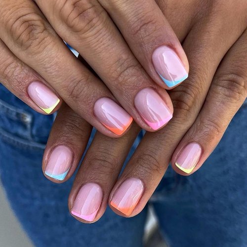 Extra Short Press on Nails Square Colorful Nails Press Ons Short Blue Fake Nails Colored French Tip Press on Nails Real Short False Nails Pink Stick on Nails for Women Summer Acrylic Glue on Nails Kit