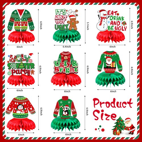 JULMELON 8PCS Ugly Sweater Party Decorations Honeycomb Centerpieces, Ugly Sweater Christmas Party Centerpieces for Tables Ugly Sweater Table Decor 3D Table Toppers for Christmas Winter Party Supplies