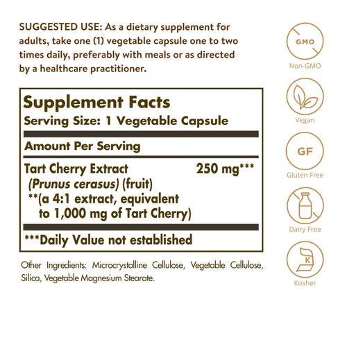 Solgar Tart Cherry 1000 mg, 90 Vegetable Capsules - Antioxidant with Quercetin, Chlorogenic Acid & Anthocyanins Compounds - Non GMO, Vegan, Gluten Free, Dairy Free - 90 Servings