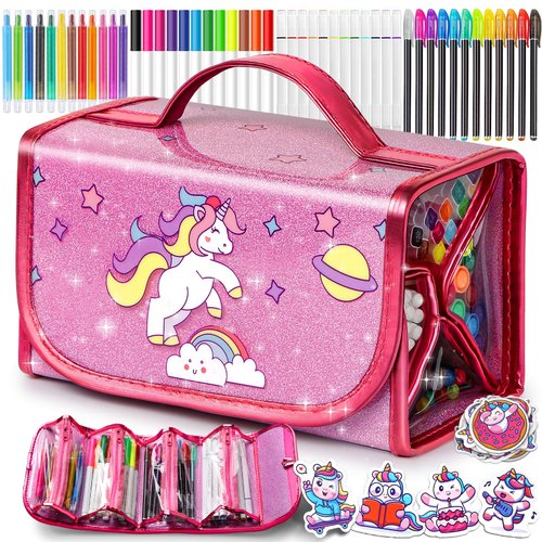 beefunni Unicorn Washable Markers Set 48 pcs with Glitte Pencil Case, Art Supplies for Kids Ages 4-6-8, Arts Crafts Coloring Set with Unicorn Stickers - Birthday Gifts for Girls 4 5 6 7 8 9 Year Old