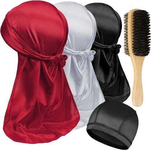 3PCS Silky Durag with Double Sided Brush Packs for Men Waves, Satin Doo Rag for 360 540 720 Waves, Award 1 Wave Cap, Ideal Gifts for Christmas