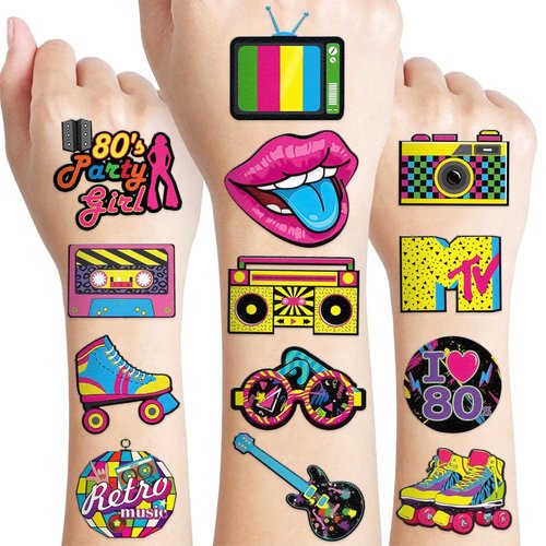 96 PCS 80s Temporary Tattoos Sticker Roller Skate 80s Birthday Party Decorations Favors Supplies Gifts Boys Girls Men Women, 90s 1980s Vintage Retro Cute Tattoo School Prizes Themed Decor