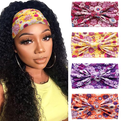 SAWINDA Boho Wide Headbands for Women Floral Print Twisted Womens Hair Bands Thick Elastic Non-Slip Head Bands for Women's Hair Yoga Makeup Exercise African Hair Wraps Accessories 4 Pack
