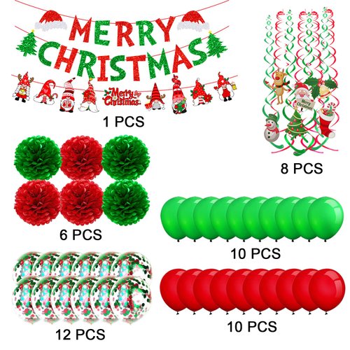Fecedy MERRY CHRISTMAS Hanging Paper Banner Santa Claus Banner Pom poms Swirl Streamers&Latex Balloons For Merry Christmas Party Decorations
