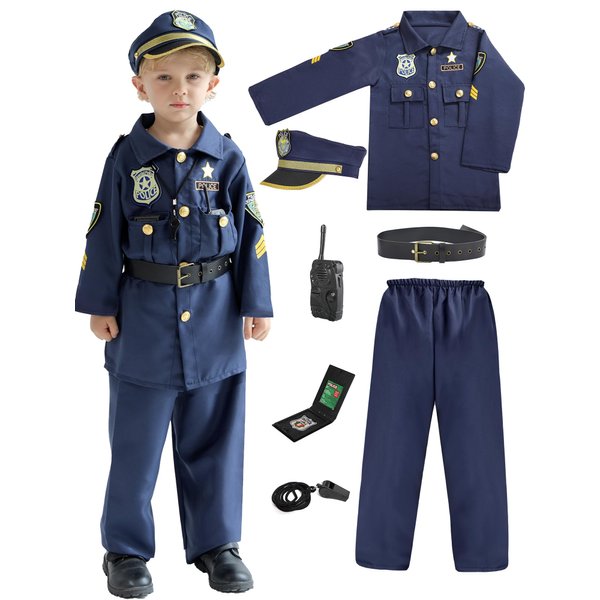 Popsunny Police Officer Costume for Kids, Cop Toys with Policeman Uniform, Hat, Whistle, Toddler Dress Up for Christmas Party, Boys Girls Birthday Gift