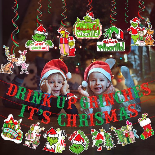 Drink Up Grinches Banner Drink Up Christmas Decorations Drink Up Christmas Banner Christmas Whoville Decorations Grinch Christmas Party Decorations