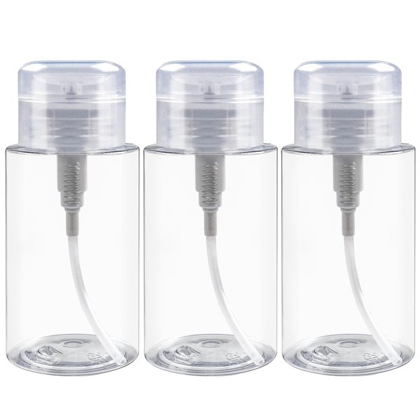 ANGNYA 6.7oz/200ML Pump Dispenser Bottle Push Down Pump Dispenser Bottle with Flip Cover 3 Packs Clear Pump Bottle for Nail Polish Remover Alcohol Makeup Remover Liquid