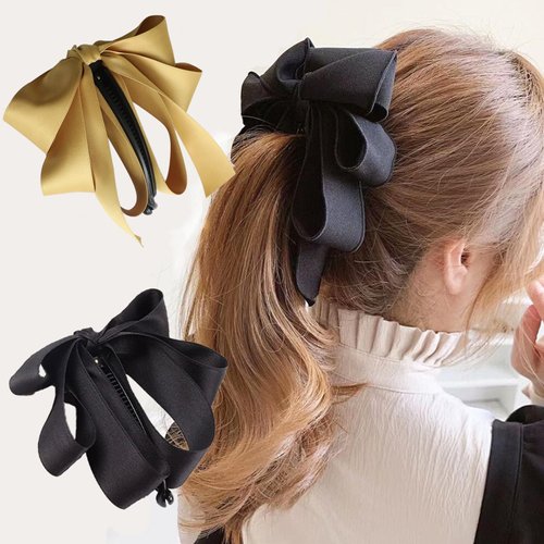 2 Pcs Bow Banana Hair Clip Ribbon Vertical Bowknot Ponytail Claw Clip Solid Color Ponytail Holder Hair Accessories for Women Girls Banana Barrette Claw Hairpin