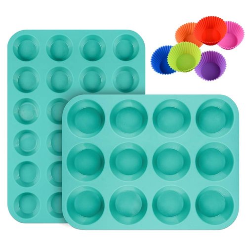 CAKETIME Silicone Muffin Pan Cupcake Set - Mini 24 Cups and Regular 12 Cups Muffin Tin, Nonstick BPA Free Food Grade Silicone Molds with 12 Silicone Baking Cups