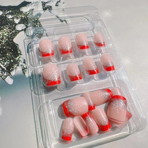 Christmas Press on Nails Short Square with French Glitter Design,Snowflake Fake Nails Red Glossy Sparkly Silver Xmas Nail White Snow Full Cover Glue on Nails False Nail Winter Stick on Nails for Women